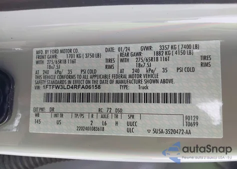 2024 Ford F-150 Xlt from USA, damaged, VIN 1FTFW3LD4RFA06158